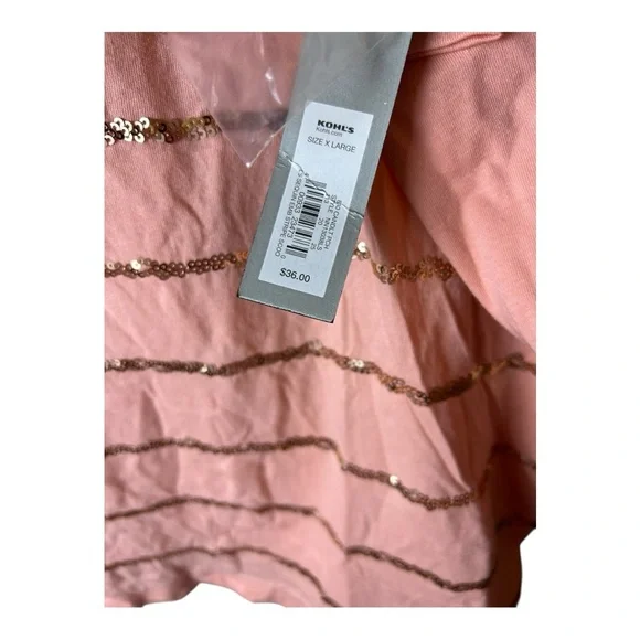 Apt. 9 Women’s Blush Gold Sequin Stripes Long Sleeve Tee Size XL - Picture 4 of 8